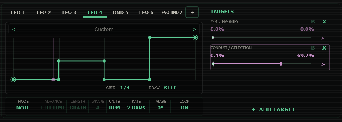 Mod Engine with a custom stepped shape, timing controls and modulation target ranges.