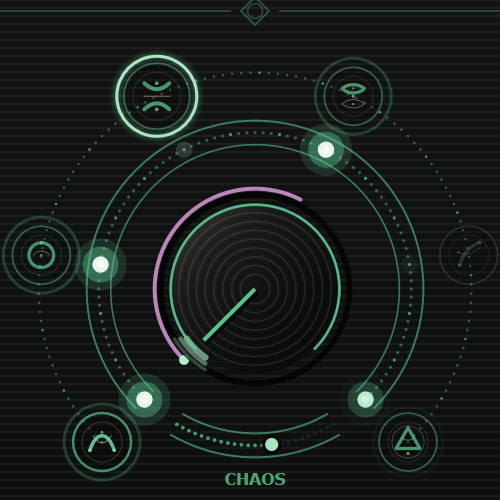 Conduit selector surrounded by six material glyphs, with the Chaos control below.