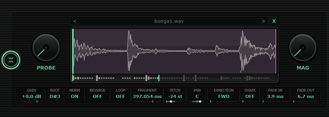 Material Workbench waveform, Probe and Mag knobs, and individual grain controls.