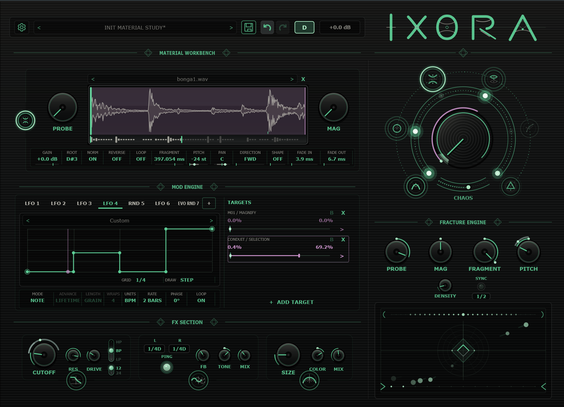 Ixora frontplate with the Material Workbench, six-layer selector, Mod Engine, Fracture Engine and grain cloud.