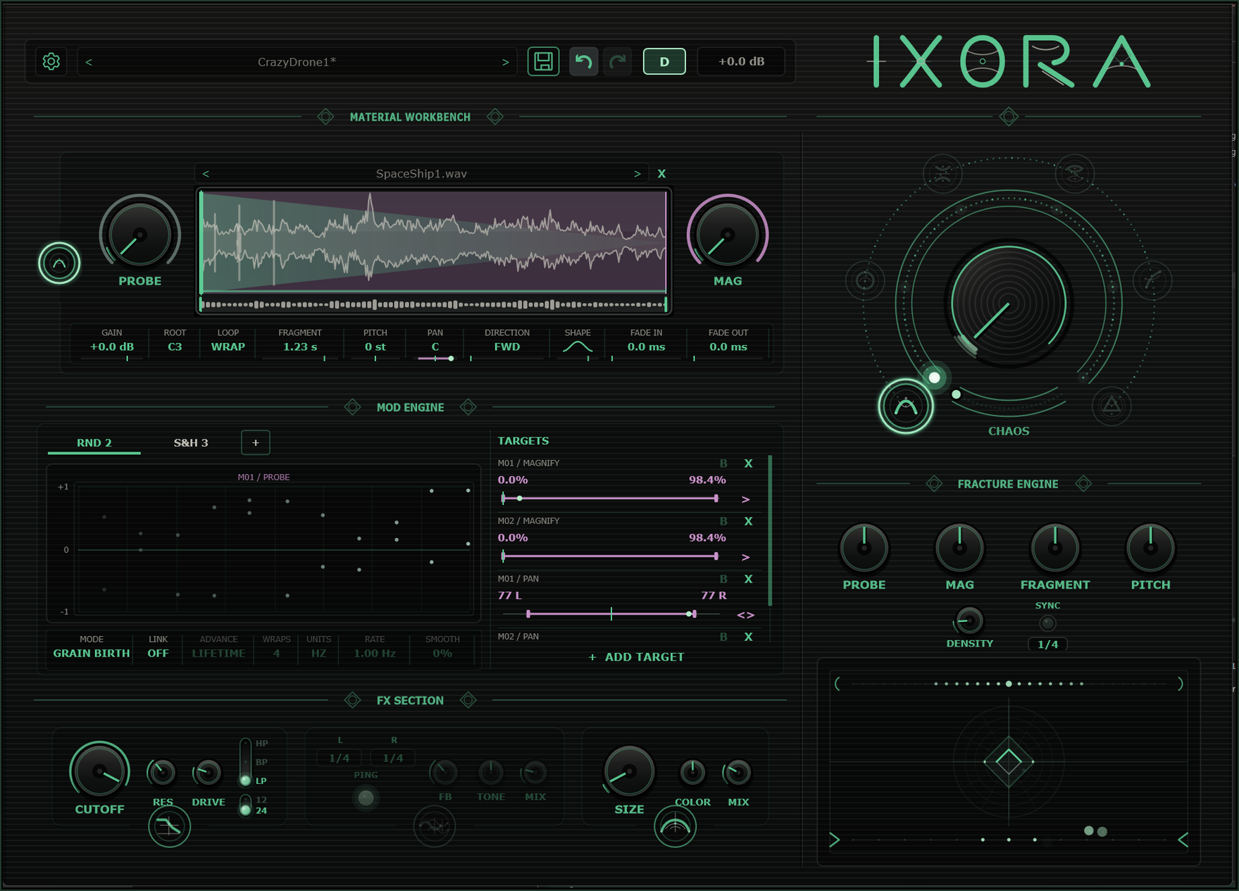 Ixora interface: presets at the top, Material Workbench and Mod Engine on the left, Conduit and Fracture Engine on the right, and FX along the bottom.